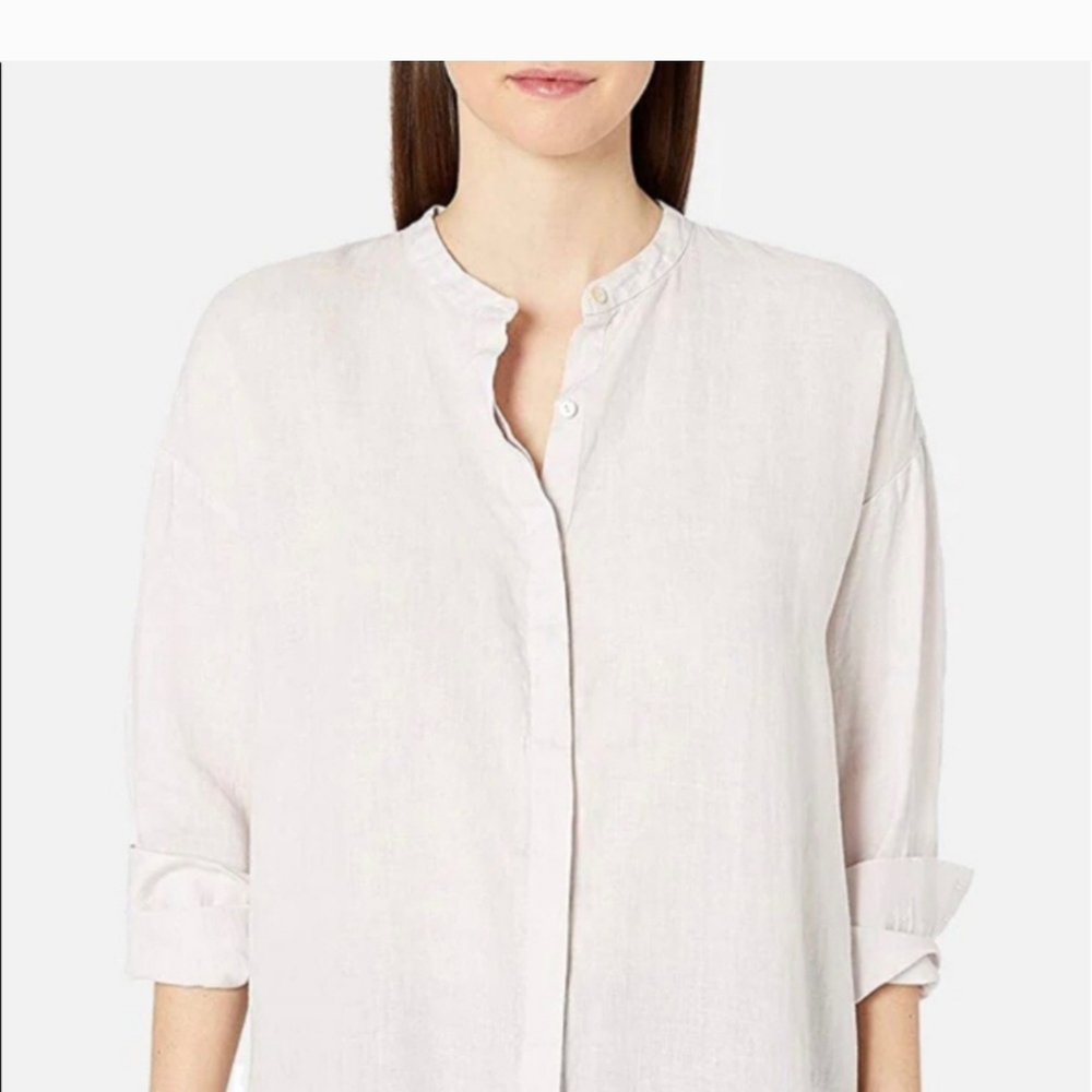 Eileen Fisher mandarin collar long sleeve linen top.